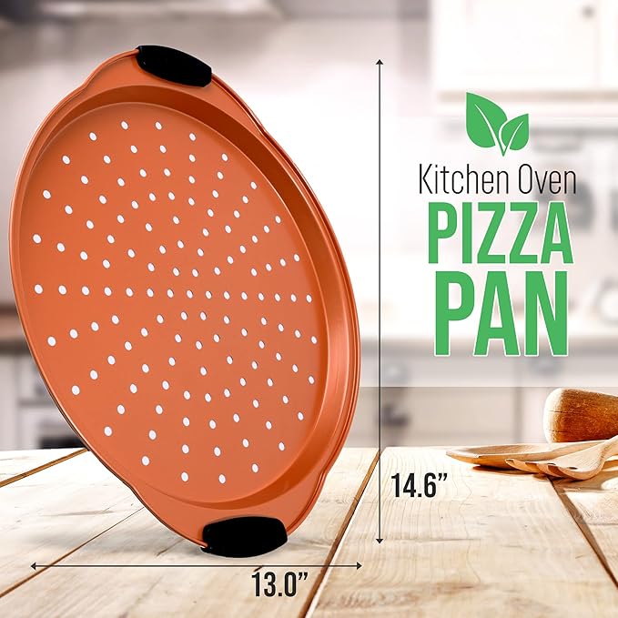 NutriChef 13-Inch Nonstick Pizza Tray - Round Carbon Steel Non-Stick Pizza Baking Pan with Perforated Holes, Premium Bakeware Pizza Screen with Silicone Grip Handles, Dishwasher Safe - Copper