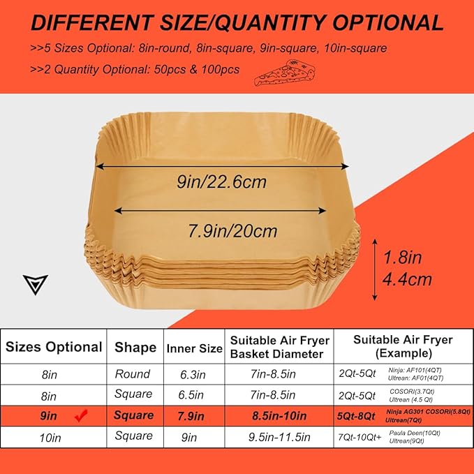 BYKITCHEN Air Fryer Sheet Liners for Ninja AG301 Grill, Cosori, Gourmia Airfryer, Set of 200, 9 Inch Air Fryer Parchment Paper Filters for 5 to 8 Qt Basket, Ninja Foodi Grill Accessories