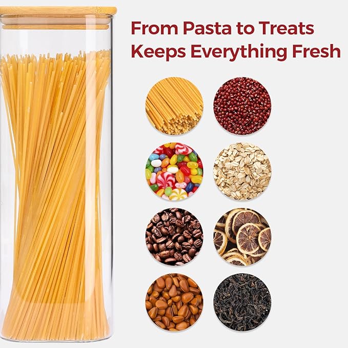Rectangle Glass Storage Containers with Lids, Glass Jars with Bamboo Lids for Spaghetti, Pasta, Kitchen Pantry Storage Containers (2 pack 2.2qt)