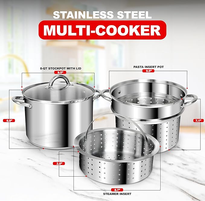 Stainless Steel 8-Quart Nonstick 4-Piece Multi-Cooker with Steamer and Pasta Pot Cookware Set