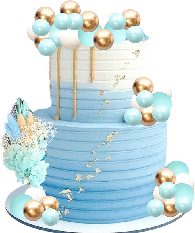 Gyufise 21 Pack Flower Boho Cake Topper Ball Cake Decorations Palm Leaves Plants Cake Decor for Girl Bohemian Princess Theme Wedding Baby Shower Birthday Party Supplies Blue