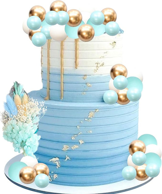 Gyufise 21 Pack Flower Boho Cake Topper Ball Cake Decorations Palm Leaves Plants Cake Decor for Girl Bohemian Princess Theme Wedding Baby Shower Birthday Party Supplies Blue