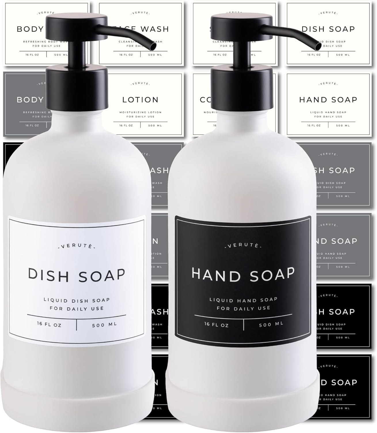 16oz Glass Soap Dispenser with Stainless Steel Pump, 21 Waterproof Labels, Non-Slip Protective Silicone Pad, Set of 2 for Bathroom & Kitchen (Matte White Bottle/Black Pump)