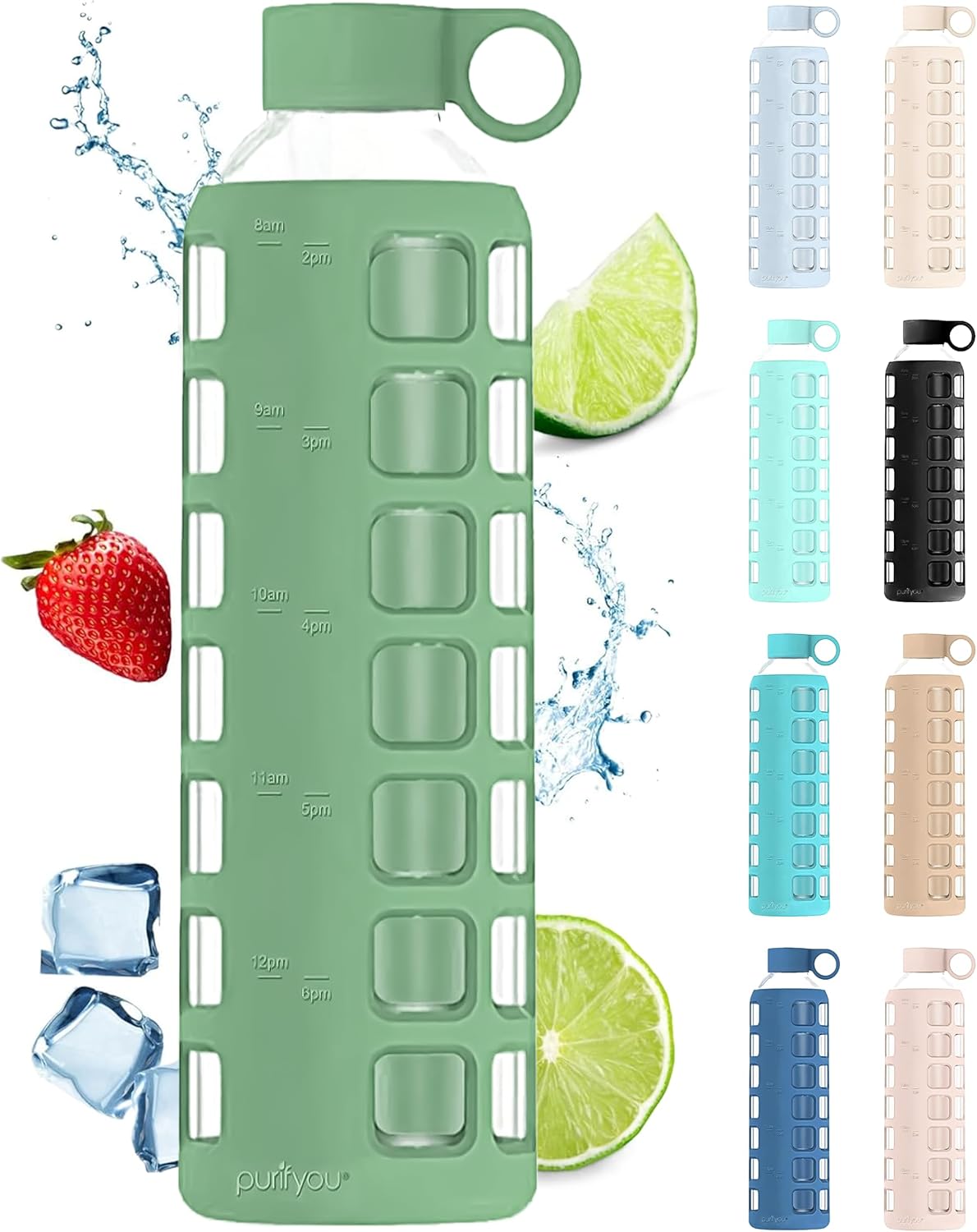 purifyou 40oz / 32oz / 22oz / 12oz Borosilicate Glass Water Bottle with Time & Volume Markers, Silicone Sleeve, Stainless Steel Lid – Reusable Glass Bottle for Water & Juice (32oz Shale Green)