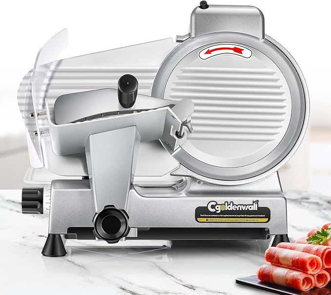 CGOLDENWALL Meat Slicer Machine, 10" 240W Electric Deli Meat Cheese Food Slicer, 0-1/2" Adjustable Thickness Semi-Auto Frozen Meat Slicer for Home & Commercial, Copper Motor Low Noise Durable