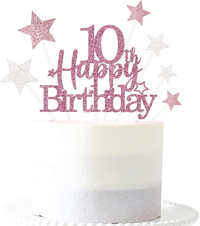 Glittery 10th Happy Birthday Cake Topper with Star,Personalised 10 Birthday Cake Toppers Party Decorations Party Supplies for Boys Girls Rose Gold