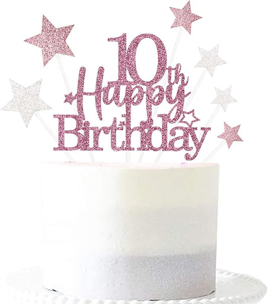 Glittery 10th Happy Birthday Cake Topper with Star,Personalised 10 Birthday Cake Toppers Party Decorations Party Supplies for Boys Girls Rose Gold