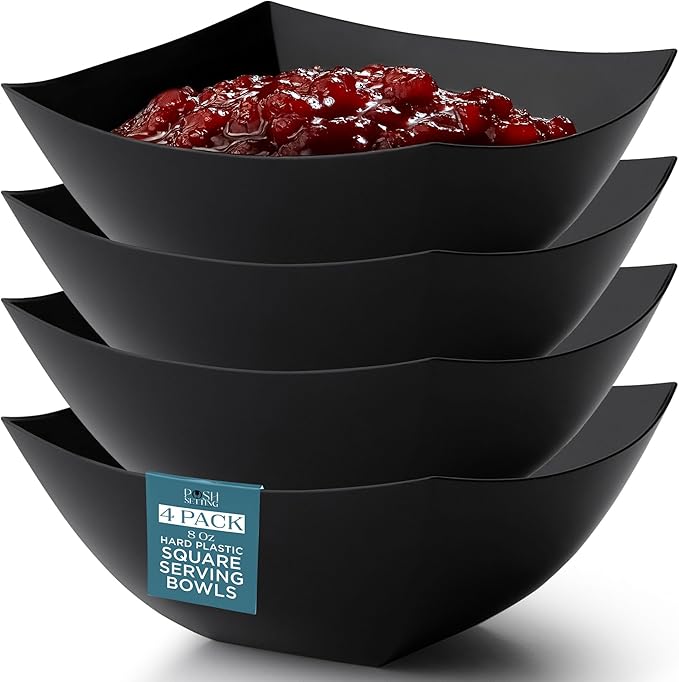 Posh Setting - Black Plastic Serving Bowls for Party (8oz - 4 Pack) Square Bowls, Disposable Chip Bowls, Candy Bowls for Party Table, Salad & Fruit Bowls for Party, Candy Containers for Candy Buffet