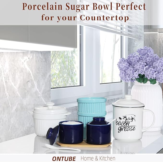 ONTUBE Ceramic Sugar Bowl with Lid and Spoon Set of 2,Porcelain Seasoning Box Salt Bowl with Tray,8oz (Navy)