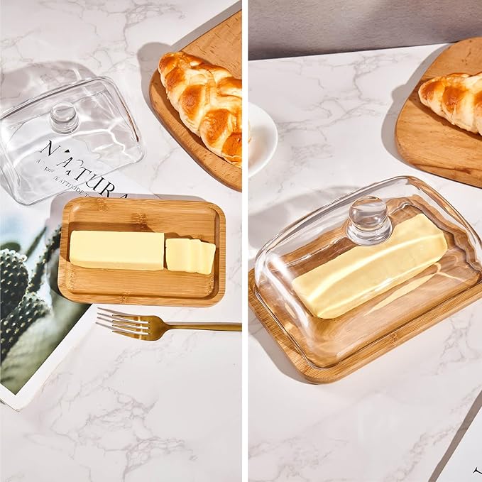 butter dish with lid, glass airtight lid keeps butter soft, for countertop and refrigerator. Widened design to fit all butters. Covered butter dishes with, Made of glass and bamboo.