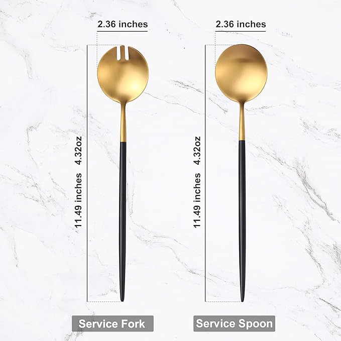 Black Gold Salad Serving Utensils, Stainless Steel Spoons, 2Pcs Long Handle Servers 11.42 Inch, Matte Finish, Dishwasher Safe