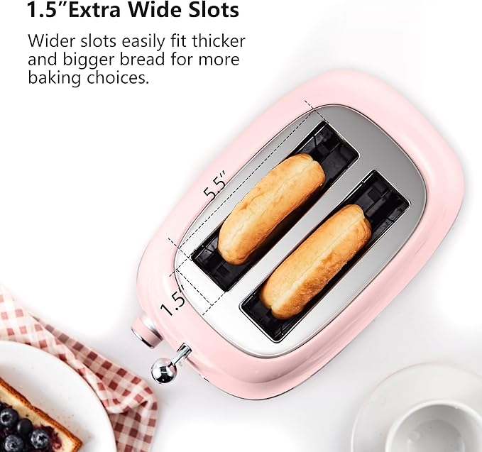 2 Slice Toaster Retro Stainless Steel with Bagel, Cancel, and Defrost Functions, 6 Bread Shade Settings, Extra Wide Slots and Removable Crumb Tray, Pink