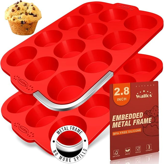 Walfos Silicone Muffin Pan with Metal Frame, 2.8 Inch Regular Size Silicone Cupcake Pan Muffin Tin, Non-Stick 12 Cups Egg Bites Molds for Baking, BPA Free, Dishwasher Safe, 2 Pack