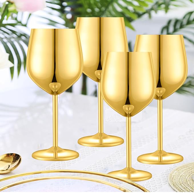 Stainless Steel Wine Glasses Set of 2, 18 oz Unbreakable Gold Wine Glass Unique Metal Wine Goblets for Outdoor Capming and Pool Gift for Wine Lovers
