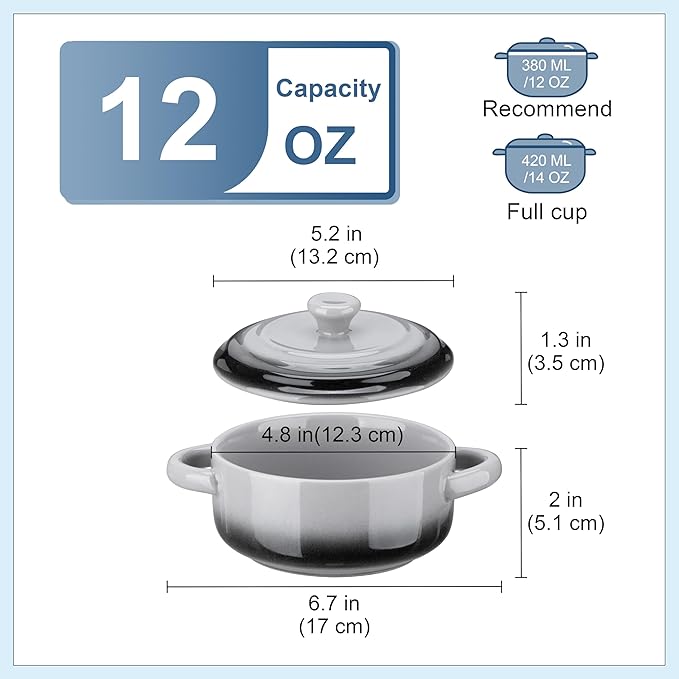 LOVECASA Mini Cocotte with Lid,12 OZ Small Casserole Dish for Oven,Mini Casserole Dish,Individual Ramekins with Lids,Oven, Microwave & Dishwasher Safe,Set of 4