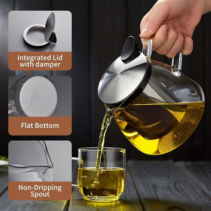 Glass Teapot Tea Pot with Removable Stainless Steel Infuser, 25oz / 760ml Borosilicate Glass Tea Kettle for Office Work, Fine Strainer for Loose Leaf Tea
