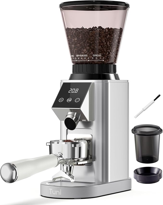 Tuni G1 Conical Burr Coffee Grinder, 48 Grind Settings Anti-static Burr Mill, Precision Electronic Timer and LED Touchscreen for Espresso/Drip/Cold Brew/French Press, Stainless Steel, Silver