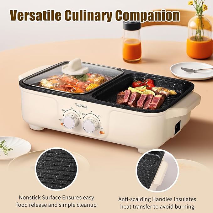 Food Party Hot Pot Electric Grill 2 in 1 Korean BBQ Grill Indoor Smokeless Hotpot Pot Electric Cooker Sahabu Shabu Pot Non Stick (Small)