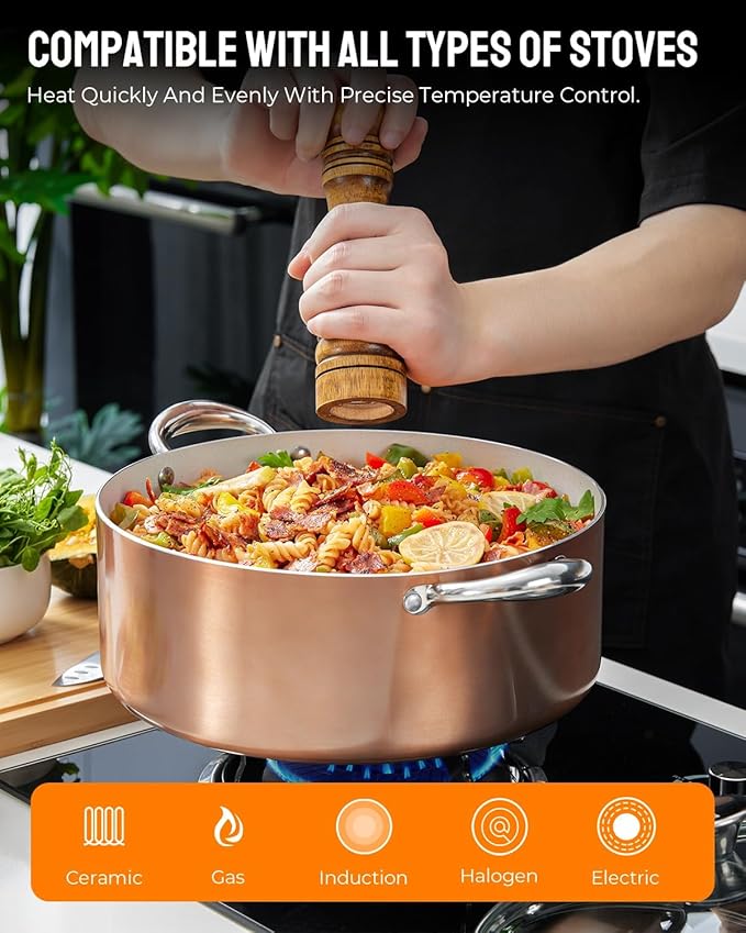 BEZIA Large 12 Quart Nonstick Cooking Pot with Lid, Induction Stock Pot, Soup Pot for All Stovetops, Non-toxic and Oven Safe, PFOA PFAS Free, Golden