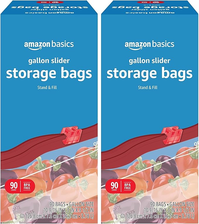 Amazon Basics Slider Gallon Food Storage Bags, Stand & Fill, 90 Count (Pack of 2)