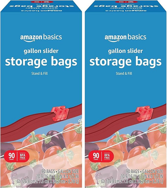 Amazon Basics Slider Gallon Food Storage Bags, Stand & Fill, 90 Count (Pack of 2)
