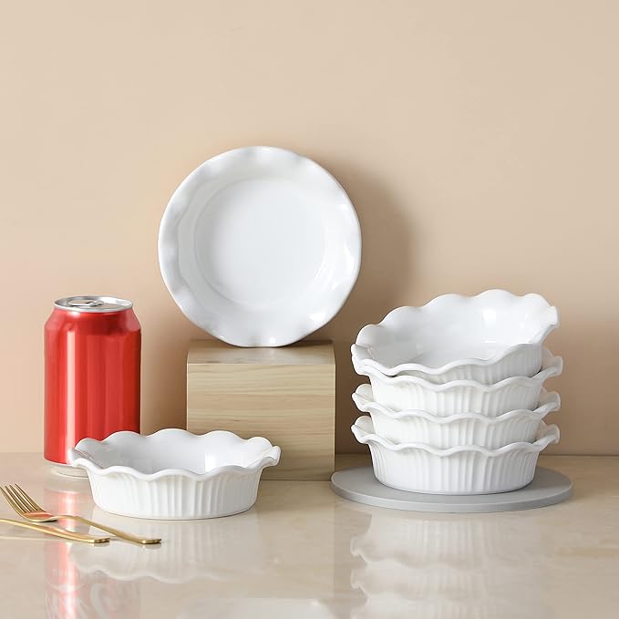 LOVECASA Ceramic Mini Pie Pans Set of 6-5.5 Inch Oven Safe Small Pie Dishes, Nonstick Mini Pot Pie Baking Tins for Chicken Pot Pie, Tarts, Quiches & Desserts, Stackable Ruffled Rims, White