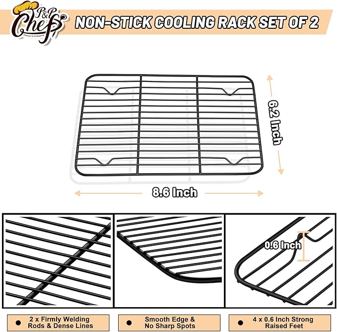 P&P CHEF Cooling Baking Rack Pack of 2, Stainless Steel Cooling Racks for Cooking Baking Roasting Grilling Drying, Dense Wires & Smooth Edge, Easy to clean, Black, 8.6" x 6.2"