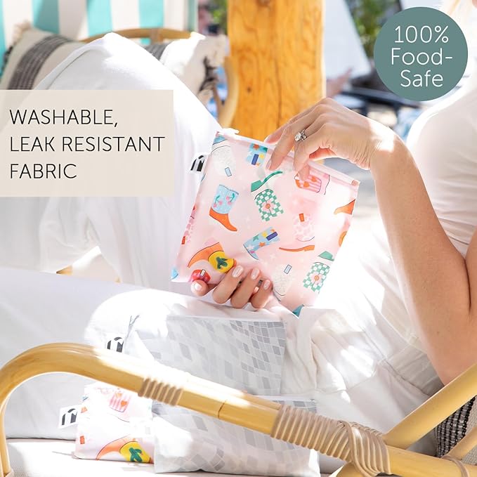 Roamio Reusable Sandwich and Snack Bags, for Kids School Lunch and for Adults Portion, Washable Fabric, Waterproof Cloth Zip Bag, Travel Pouch, Food-Safe Storage, 4-pack Set Cowgirl Boots and Disco