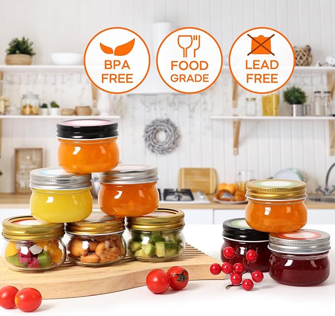 4 oz Mason Jars With Gold Lids and Bands, 24 Pack Regular Mouth Canning Jars for Jam, Honey, Yogurt, Candy, Spices, Snacks, DIY Projects, Wedding Favors- Includes 30 Stickers