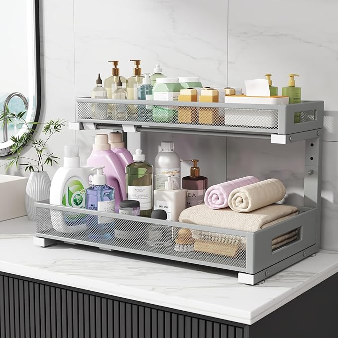 2 Pack 19IN Depth Under Sink Storage Organizer, Large 2-Tier Elegant Mesh Pull Out Shelf for Kitchen and Bathroom Cabinet Organization, L-Shaped and Adjustable Height Design-Gun Gray