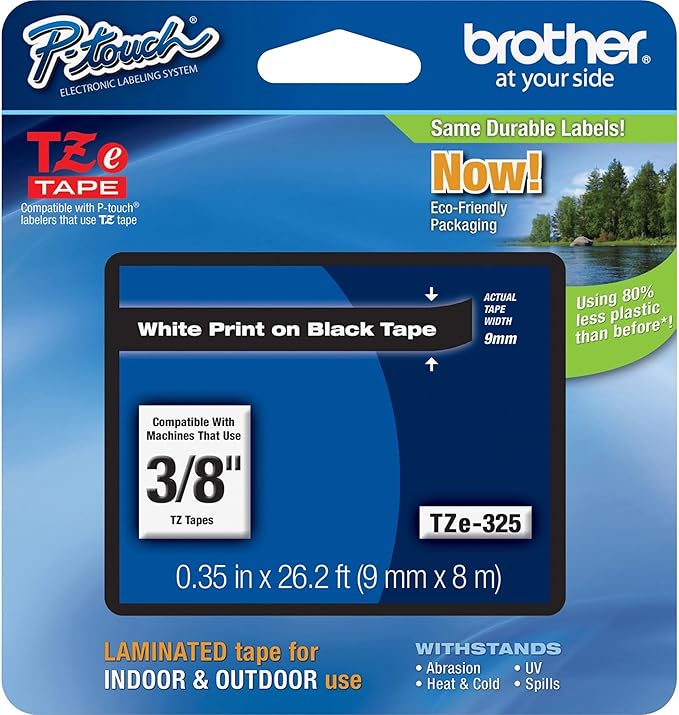 Brother Genuine P-touch TZE-325 Tape, 3/8" (0.35") Wide Standard Laminated Tape, White on Black, Laminated for Indoor or Outdoor Use, Water-Resistant, 0.35" x 26.2' (9mm x 8M), Single-Pack, TZE325