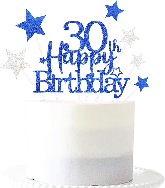 Glittery 30th Happy Birthday Cake Topper with Star,Personalised 50 Birthday Cake Toppers Party Decorations Party Supplies for Men Women Blue