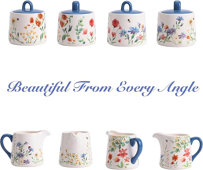 Bico Summer Provence Ceramic Sugar and Creamer Set, Sugar Bowl with Lid, Cute Container for Coffee Bar, Kitchen Countertop Accessories, Microwave and Dishwasher Safe