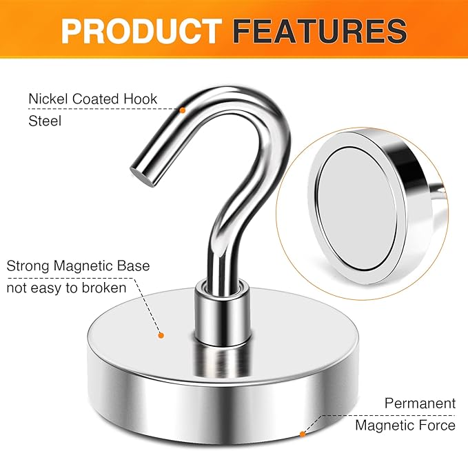 MIKEDE Strong Magnetic Hooks, 110Lbs Heavy Duty Magnetic Hooks for Cruise Cabin, Neodymium Earth Magnets with Hooks for Hanging, Super Metal Industrial Magnetic Hanger for Grill, Cruise, Storage