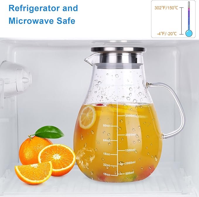 Glass Pitcher, Glass Water Pitcher with Tight Stainless Steel Lid, 105.5oz/3L, Heat Resistant Borosilicate Glass Carafe, Long Handle Cleaning Brush and Mixing Spoon, Temperature Safe