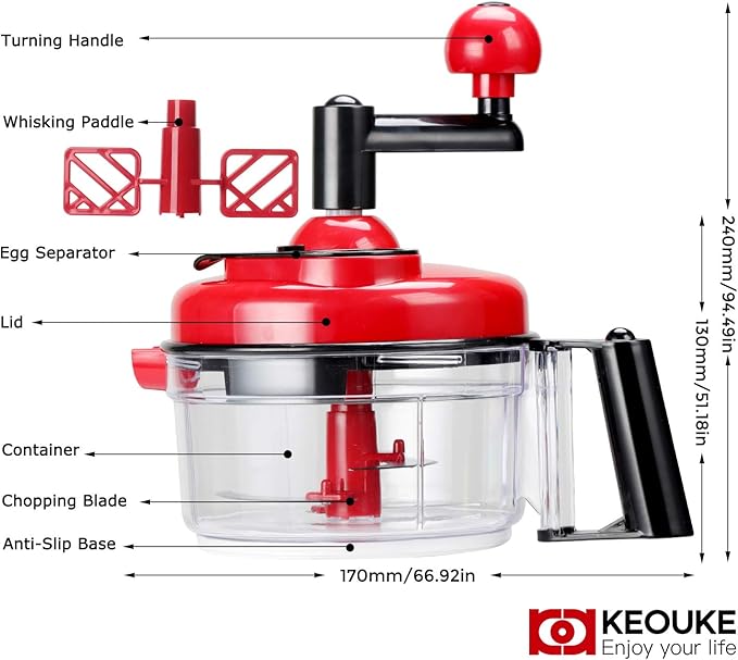 KEOUKE Hand Crank Food Chopper Red - Manual Food Processor with Egg Separator, Labor-Saving, Easy to Clean, Large Vegetable Mixer Blender for Onion, Garlic, Salad, Salsa, Nuts, Meat, Fruit, etc