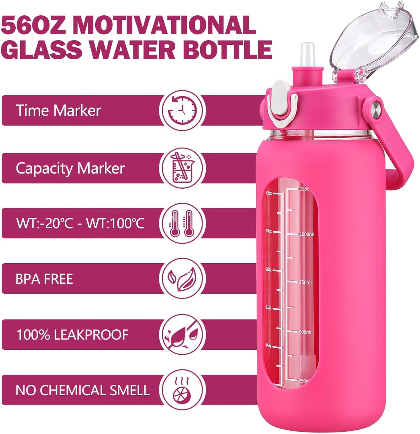 kytffu 56oz Glass Water Bottles with Straw, Motivational Glass Bottle with Silicone Sleeve and Time Marker, Leakproof Large Glass Water Jug for Gym Home Office,Rose red