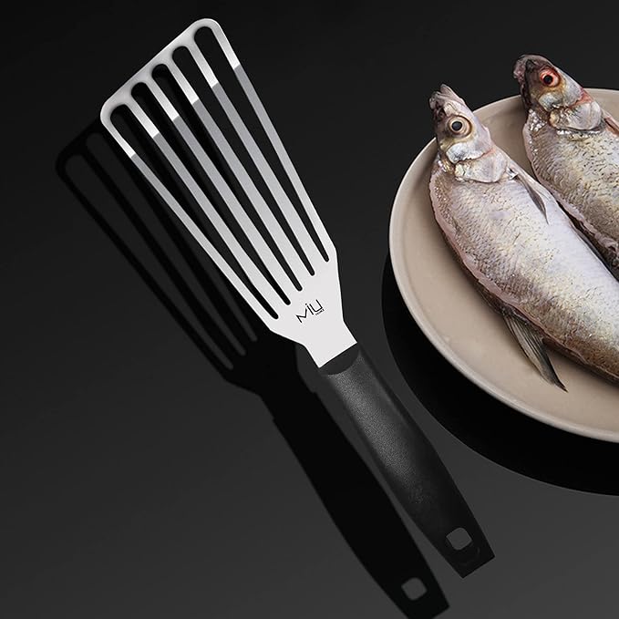 MIU Fish Spatula Stainless Steel, Slotted Flexible Metal, Lightweight Barbecue Turner, 6.5 inch Blade, Plastic Handle with Hole, Grilling Utensils