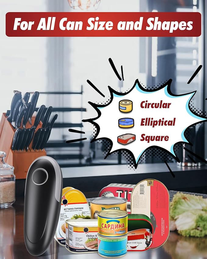 One Touch Electric Can Opener Fits All Can Sizes, Electric Can Openers for Kitchen Food Safe with Smooth Edge, Kitchen Gadgets Automatic Can Opener for Seniors, Arthritis and Chef（Black)