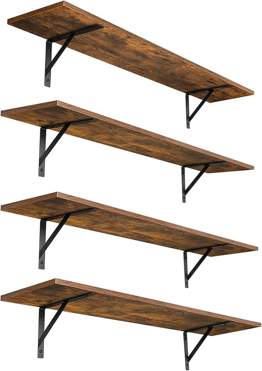 DINZI LVJ Long Wall Shelves, Set of 4, 47.3Inch Wall Mounted Shelves, Extra Large Storage Ledges with Sturdy Metal Brackets for Living Room, Bathroom, Bedroom, Kitchen, Rustic Brown