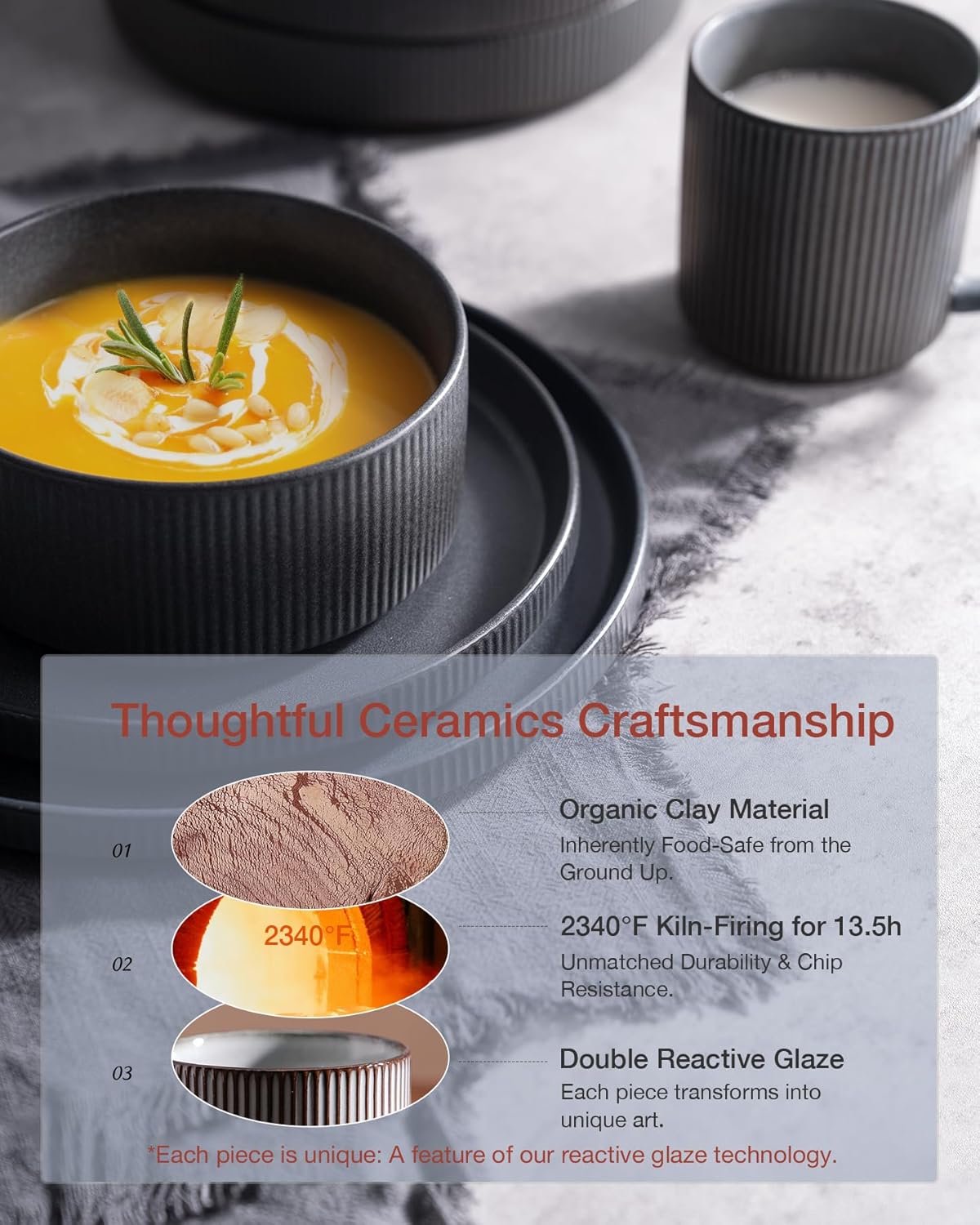 Famiware Star Plates and Bowls Sets, Modern Stoneware Dinnerware Sets for 8, 24-Piece Kitchen Dish Set - Microwave and Dishwasher Safe, Chip and Scratch Resistant, Matte Dark Charcoal