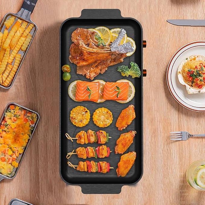 Portable Double Induction Cooktop with Removable Non-Stick Cast Iron Griddle Pan, 2 Burner Electric Stove with Timer & Digital Temperature Control, Black