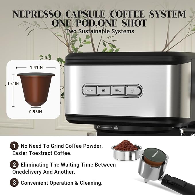 Espresso Machine 20 Bar, 2 in 1 Espresso Maker with Milk Frother Steam Wand for Latte and Cappuccino, Powder and Capsule Portafilter, 50oz Removable Water Tank Coffee Machine for Home-Silver