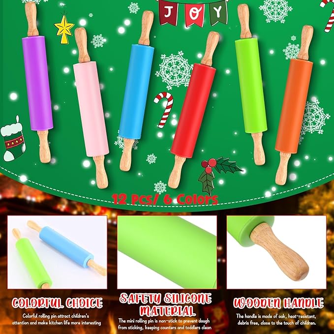 Dandat Small Rolling Pin Kids 12 Inch Mini Silicone Rolling Pin for Baking Non Stick Kids Dough Roller with Wooden Handle for Kitchen Cookie Pastry Fondant Cake 6 Colors (12 Pcs)