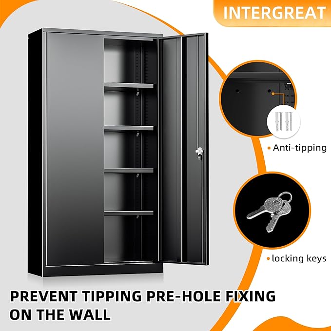 INTERGREAT Storage Cabinet, 72” Black Garage Steel Locking Cabinet with Doors and 4 Adjustable Shelves, Tall Lockable File &Tool Cabinet for Home Office, Metal Classroom Cabinet Basement