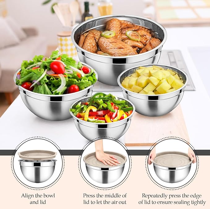 TeamFar Mixing Bowls, 6PCS Stainless Steel Nesting Mixing Salad Bowl with Lids & 3 Grater Attachments, for Food Cooking Baking Storing, Healthy, Khaki - 4.6/2.6/2 / 1.5/1 / 0.7 QT
