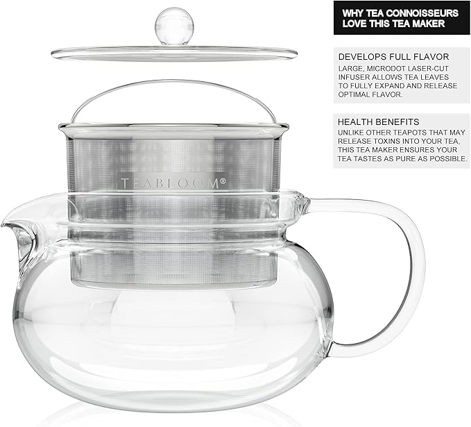 Teabloom Kyoto 2-in-1 Tea Kettle and Tea Maker – Glass Teapot with Removable Loose Tea Infuser – Tea Connoisseur's Choice