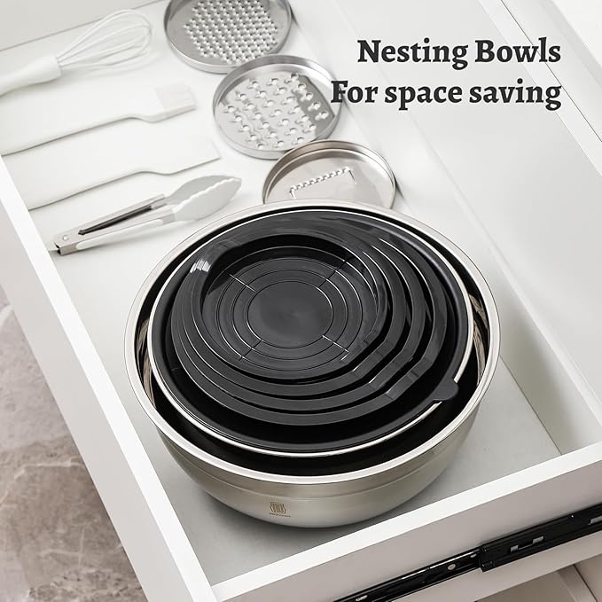 ROYDX Stainless Steel Mixing Bowls With BPA Free Airtight Lids &3 Grater Attachments,Non-Slip Bottoms- 33% Thick Metal Nesting Bowls for Mixing & Serving
