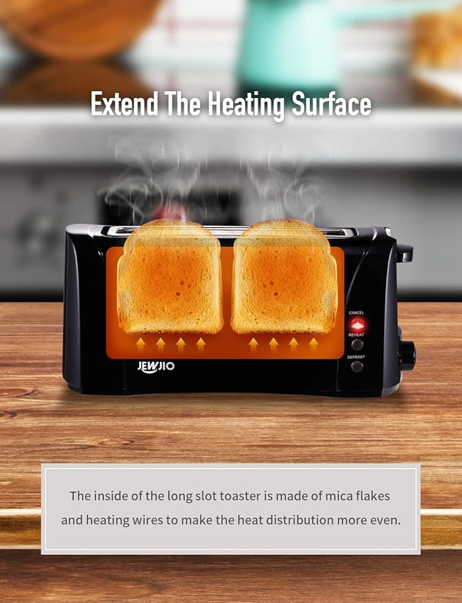 JEWJIO Slim Compact 2 Slice Toaster with Wide Long Slot - Vintage Black, 1000W, Defrost/Reheat/Cancel, 6 Shade Settings, Removable Crumb Tray for Bagels & Waffles