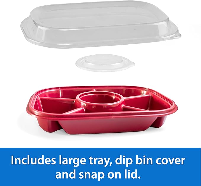 Buddeez Red Jumbo Divided Serving Tray - 6 Bins for Party Platter with Lid, Snackle Box Container, Appetizers, Desserts, Snacks & More